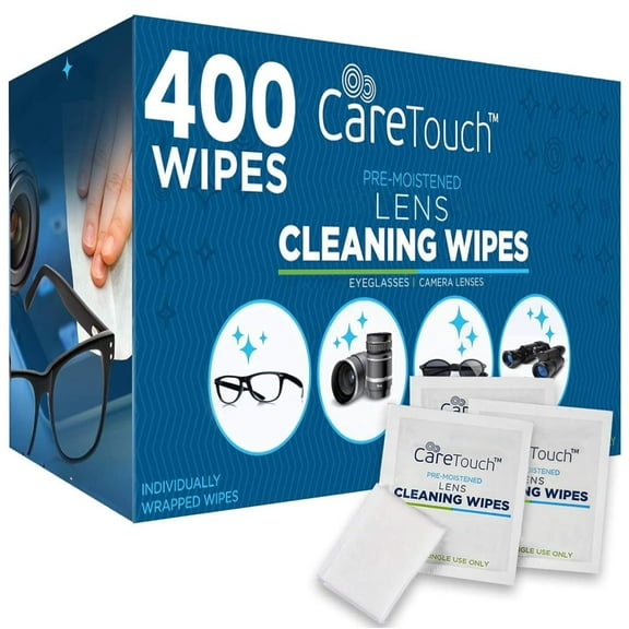 Care Touch Lens Wipes for Eyeglasses - 400 Count Individually Wrapped Pre-Moistened Wipes, 4.5x11-Inch - Sunglasses, Screens, and Glasses Cleaner - Gentle and Portable for Cleaning of Devices