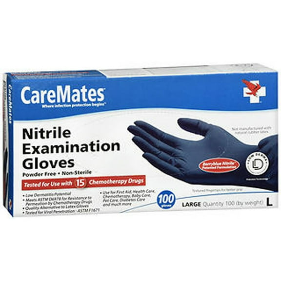 CareMates Powder Free Nitrile Examination Gloves, Large, 100 Count