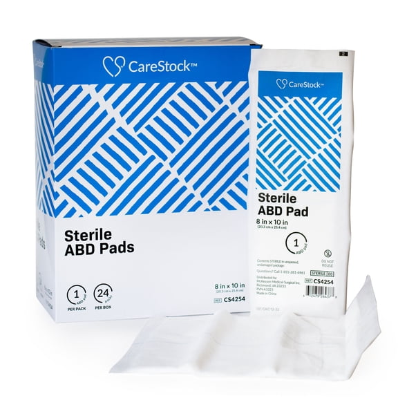 CareStock Abdominal Pad - Highly Absorbent Nonwoven Cellulose ABD Pads, Wound Care First Aid - Individually Packed, Sterile - 8 in. x 10 in., 24 Count, 1 Pack