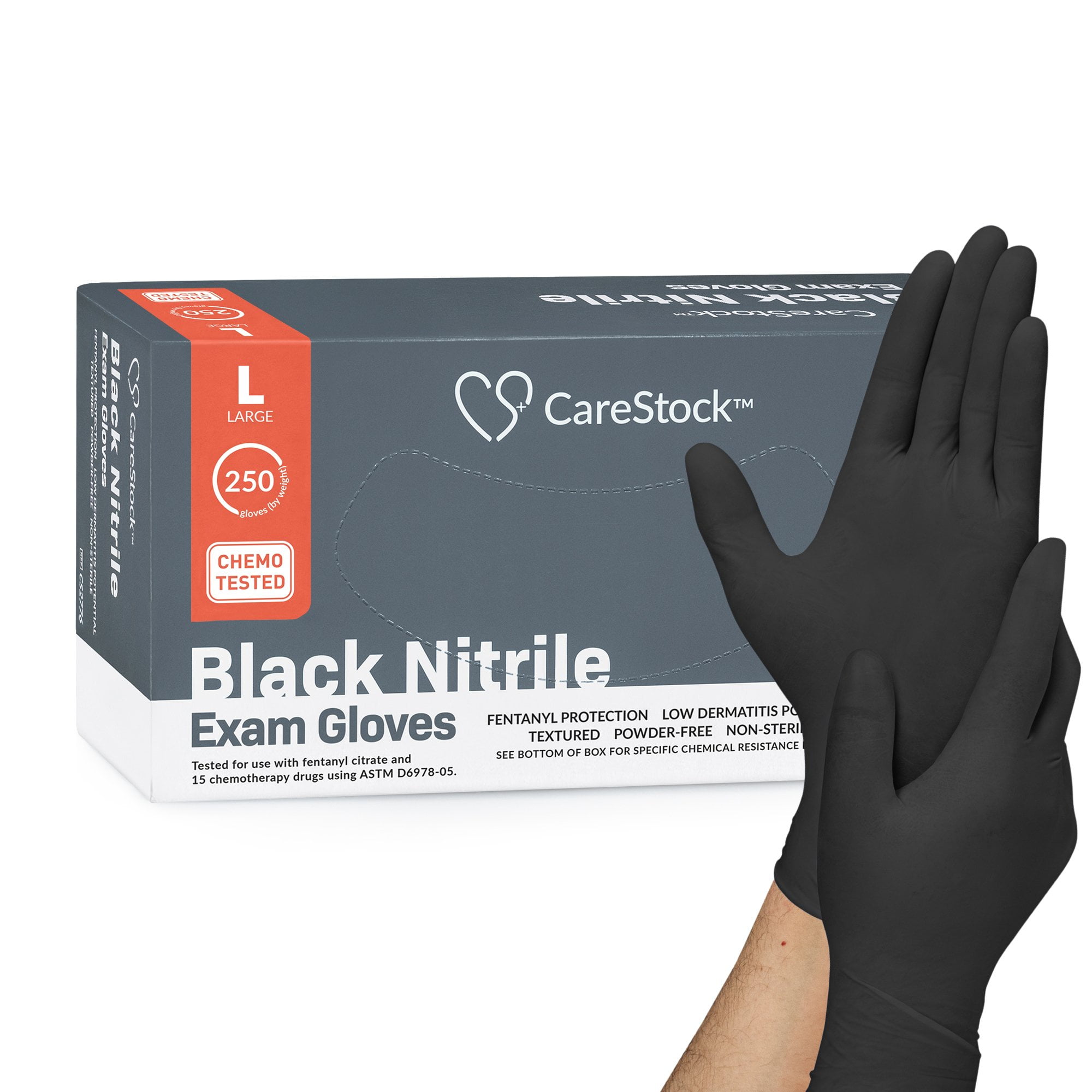 CareStock Black Nitrile Exam Gloves - Ultra-Strong with Slip-Resistant Textured Grip - Disposable Powder-Free Medical Gloves for Cooking & Healthcare, Large, 250 Count, 1 Box