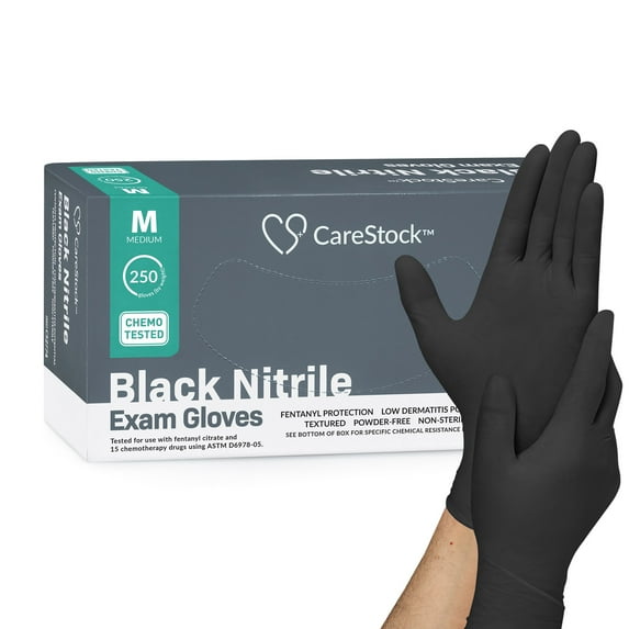 CareStock Black Nitrile Exam Gloves - Ultra-Strong with Slip-Resistant Textured Grip - Disposable Powder-Free Medical Gloves for Cooking & Healthcare, Medium, 250 Count, 1 Box