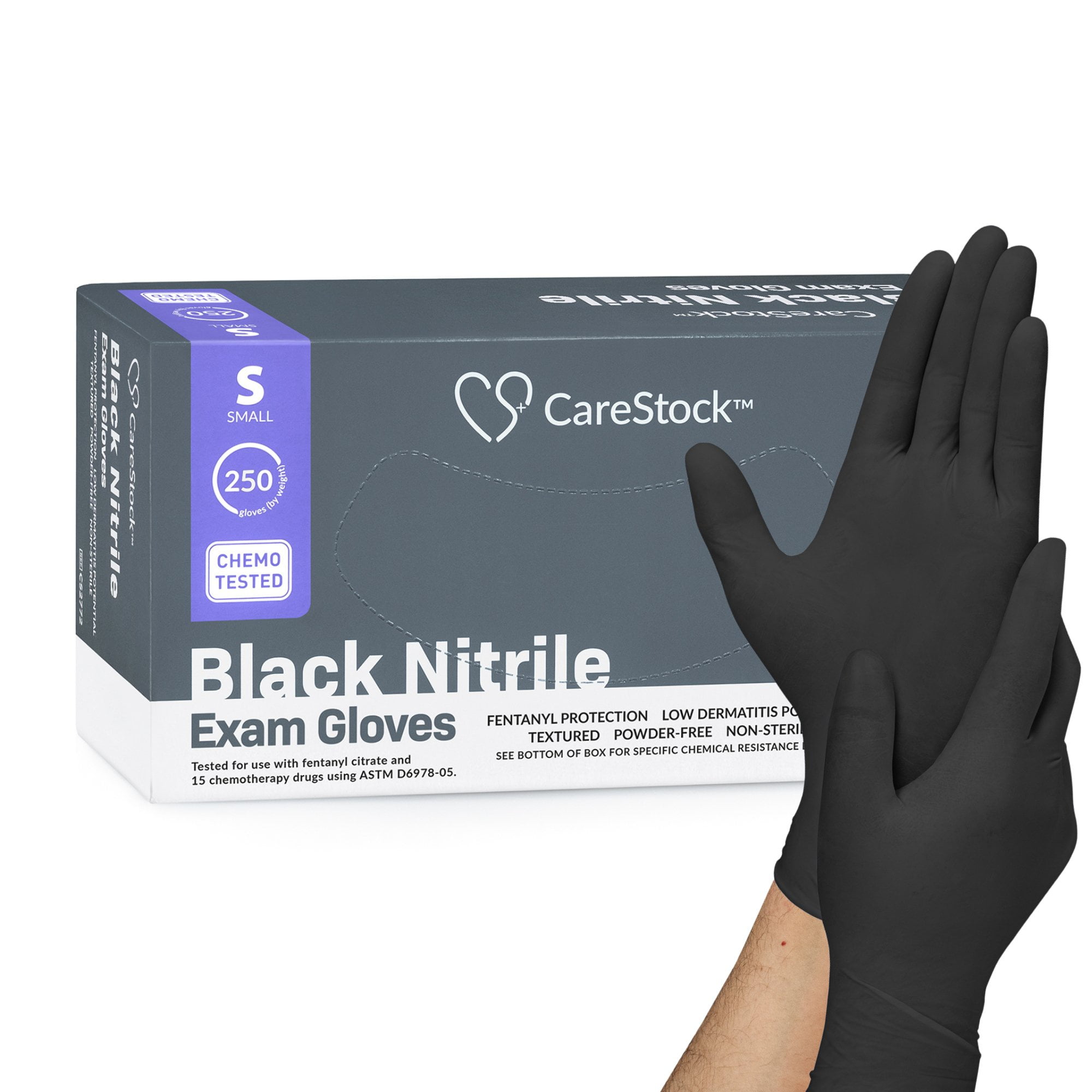 CareStock Black Nitrile Exam Gloves - Ultra-Strong with Slip-Resistant Textured Grip - Disposable Powder-Free Medical Gloves for Cooking & Healthcare, Small, 250 Count, 1 Box