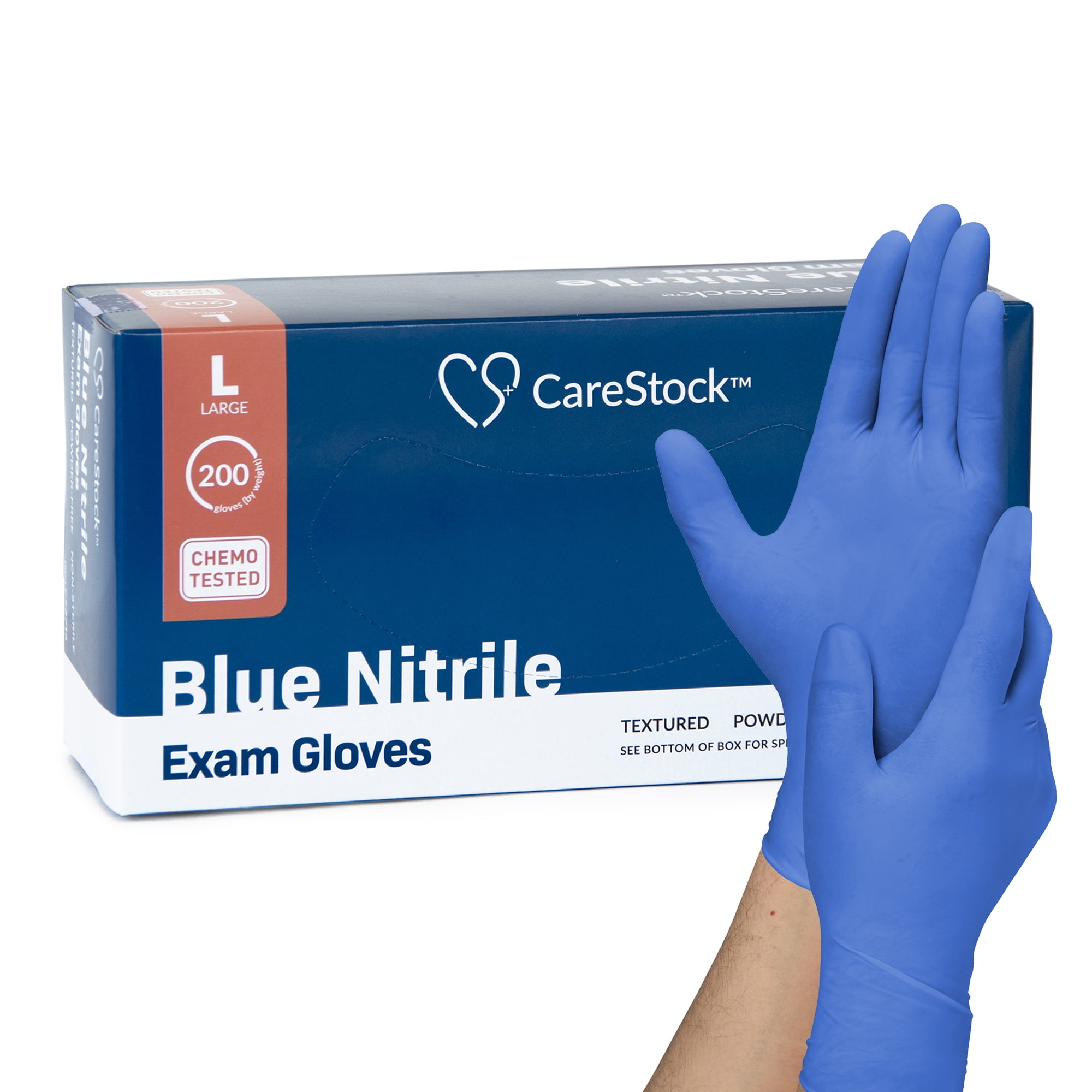 CareStock Blue Nitrile Exam Gloves - Ultra-Strong with Slip-Resistant Textured Grip - Disposable Powder-Free Medical Gloves for Cooking & Healthcare, Large, 200 Count, 1 Box