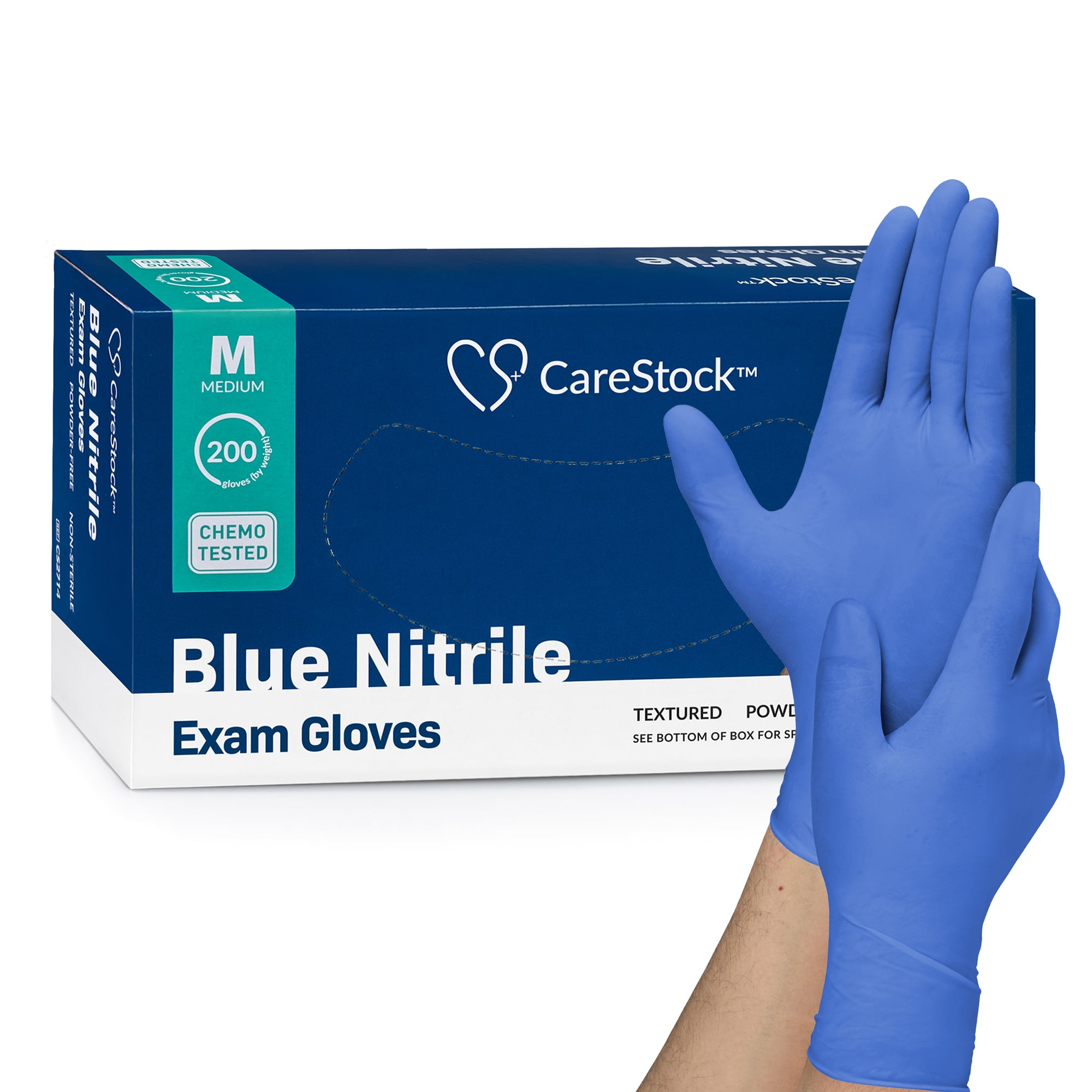 CareStock Blue Nitrile Exam Gloves - Ultra-Strong with Slip-Resistant Textured Grip - Disposable Powder-Free Medical Gloves for Cooking & Healthcare, Medium, 200 Count, 1 Box