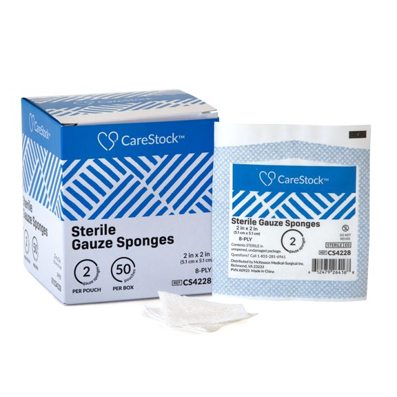CareStock Gauze Sponge - Highly Absorbent, Medical-Grade Cotton Wound Dressing, First-Aid Essential - Sterile 8-Ply Square, 2 x 2 in., 2 per Pack, 1500 Packs, 3000 Total