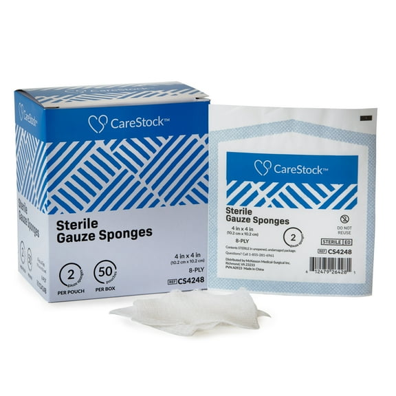 CareStock Gauze Sponge - Highly Absorbent, Medical-Grade Cotton Wound Dressing, First-Aid Essential - Sterile 8-Ply Square, 4 x 4 in., 2 per Pack, 50 Packs, 100 Total