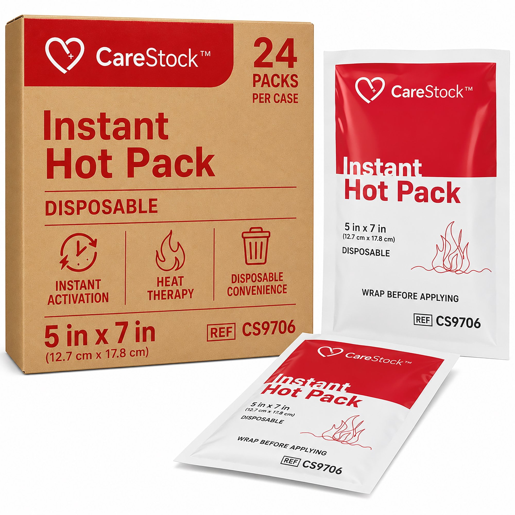 CareStock Instant Hot Pack, Disposable, 5 in. x 7 in., 1 Count, 24 Packs, 24 Total