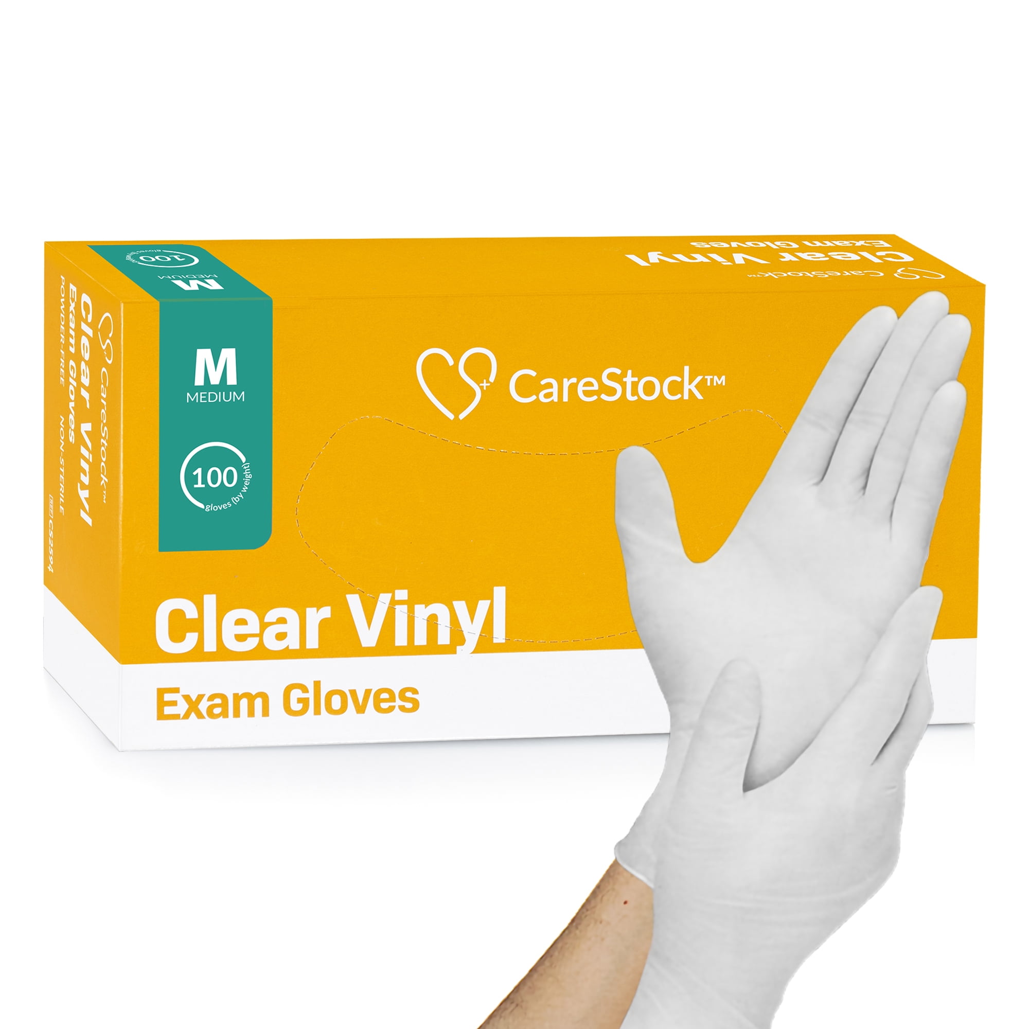 CareStock Vinyl Exam Gloves - Ultra-Strong with Slip-Resistant Textured Grip - Disposable Powder-Free Medical Gloves for Cooking & Healthcare, Medium, 100 Count, 1 Box