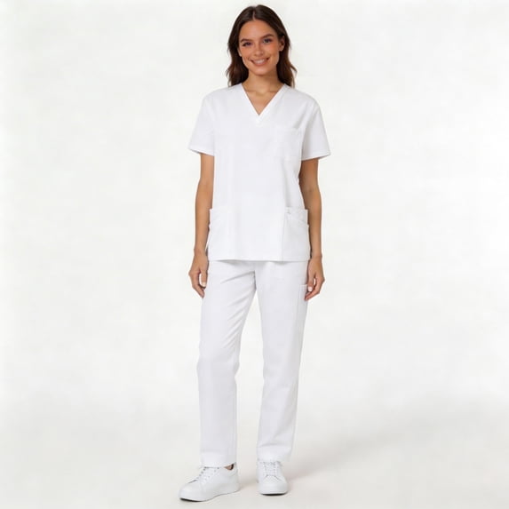 CareWardrobe Women Scrub Set Comfort Fit V-Neck Tunic Tops and Elastic Waist Joggers with Pockets Easy Care Uniforms