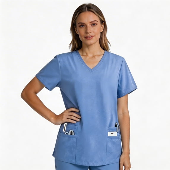 CareWardrobe Women Scrub Top with 4 Pockets Short Sleeve V-Neck Comfort Fit Essentials Medical Scrubs for Women, Size S-5XL