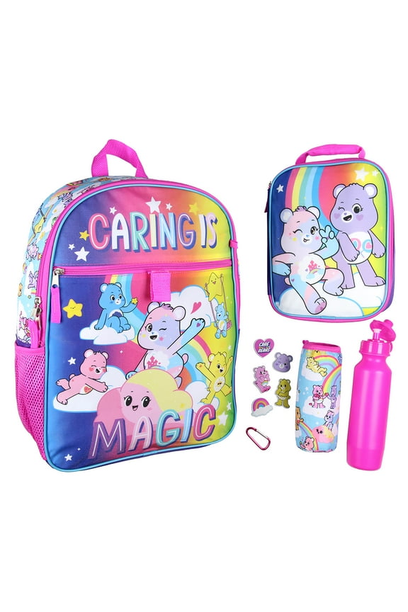 Carebears Caring Is Magic 16" Backpack Lunch Tote Water Bottle Sticker Set 5 Pc Mega Set