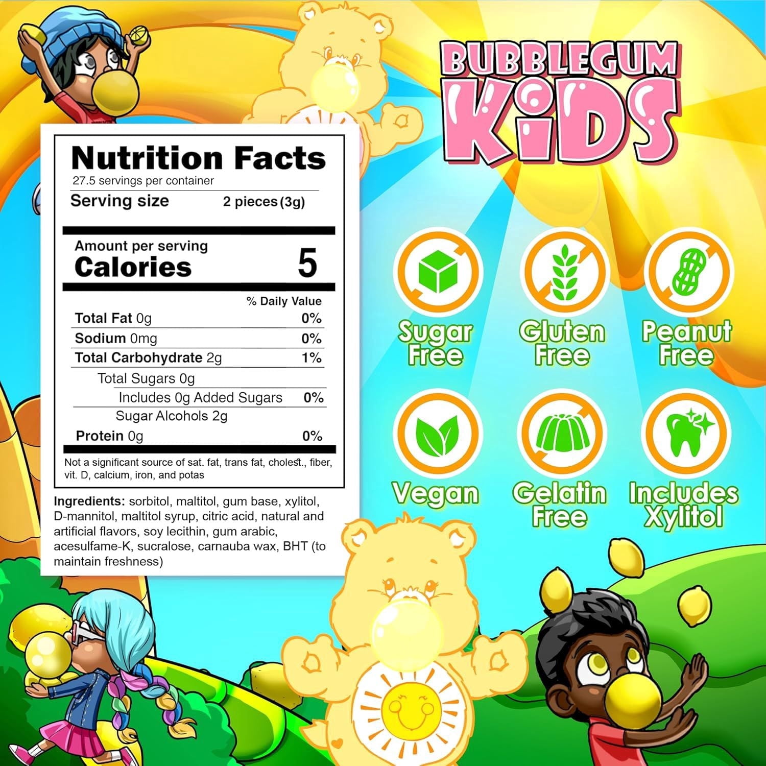 Bubblegum Kids Funshine Bears Sugar Free Gum with Xylitol, Low Calorie Chewing Gum, Lemonade Flavor, 10-Pack (55 Count/Pack)