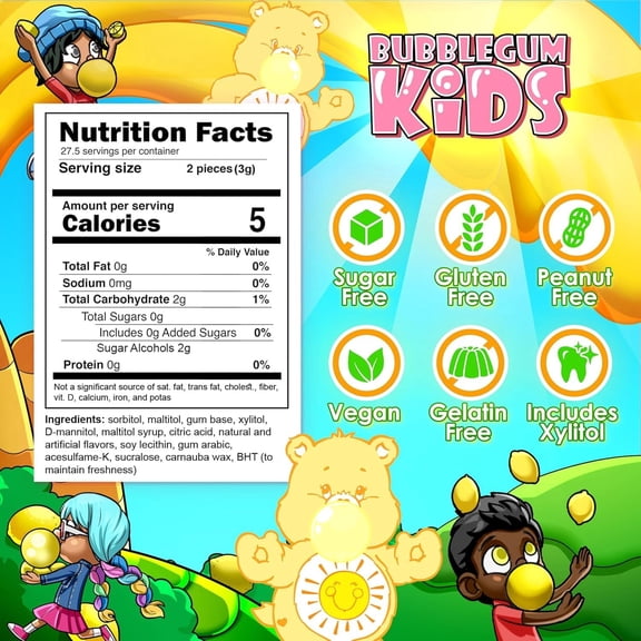 Bubblegum Kids Funshine Bears Sugar Free Gum with Xylitol, Low Calorie Chewing Gum, Lemonade Flavor, 10-Pack (55 Count/Pack)