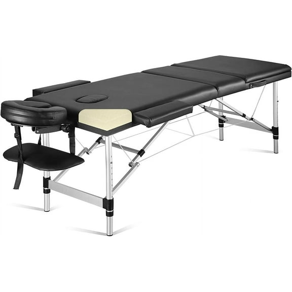 Careboda Portable Massage Table Professional Massage Bed 3 Fold 82 Inches Height Adjustable for Spa Salon Lash Tattoo with Aluminum Legs Carrying Bag Accessories Black