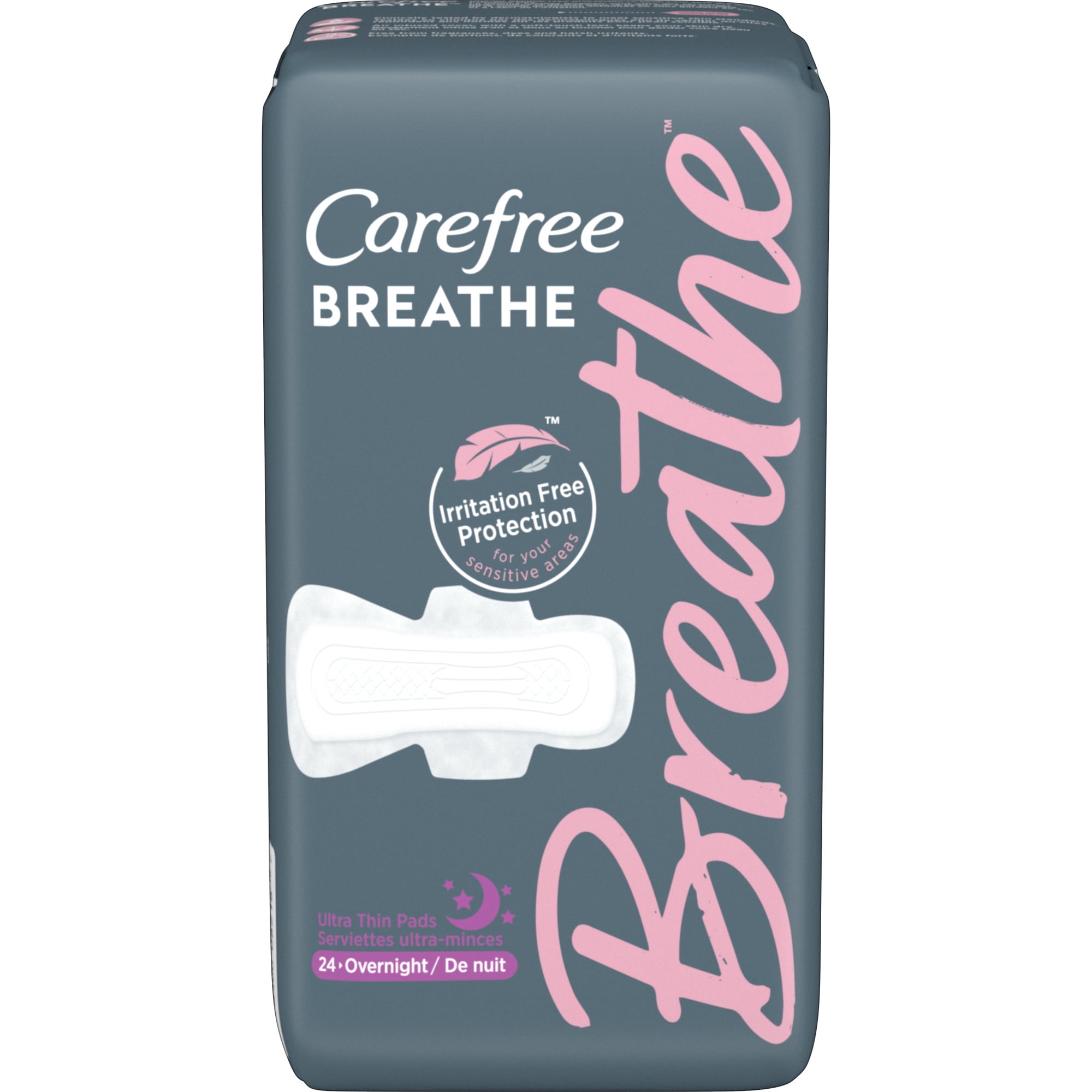 Carefree Breathe Ultra Thin Overnight Pads with Wings, Unscented, Irritation-Free Protection, 24 Ct