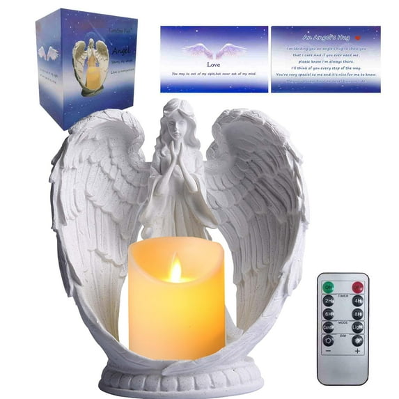 Carefree Fish Starry Sky White Angel Wing Praying Sandstone Statue Angel Figurine Prayer Home Decor Memorial LED Candle Holder 9Inch (Remote Control, with Timing Function.) C95