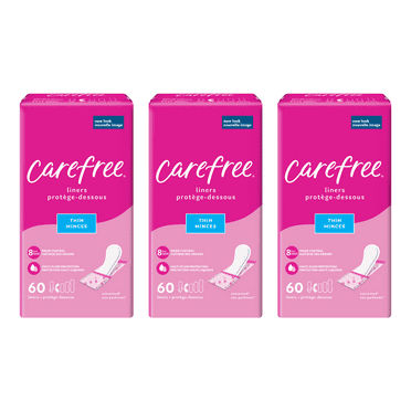 Carefree Panty Liners, Thin Liners, Wrapped, Unscented, 60ct (Pack of 3)
