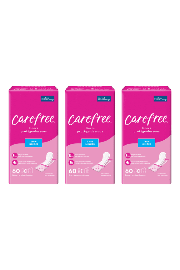 Panty Liners, Thin Liners, Wrapped, Unscented, 60ct (Pack of 3)