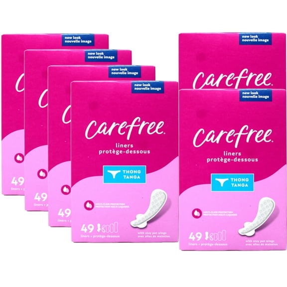 Carefree Thong Pantiliners Regular Unscented With Wings, 49 Ea, 6 Pack