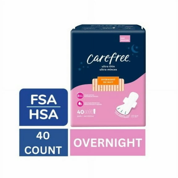 Carefree Ultra Thin Pads with Wings Overnight Absorbency Unscented 40 count Packaging May Vary
