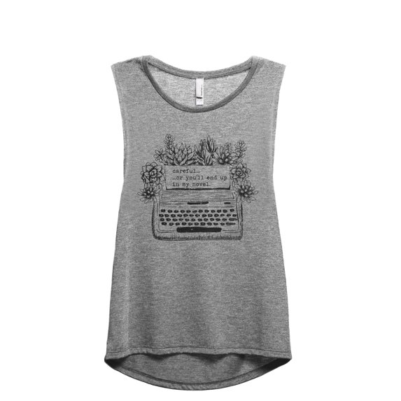 Careful Or You'll End Up In My Novel Women's Fashion Sleeveless Muscle Workout Yoga Tank Top Heather Grey Grey X-Large