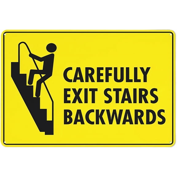 Carefully Exit Stairs Backwards Warning Sticker 8"x12" - Security Outdoor Sign, Stairs Exit Sign