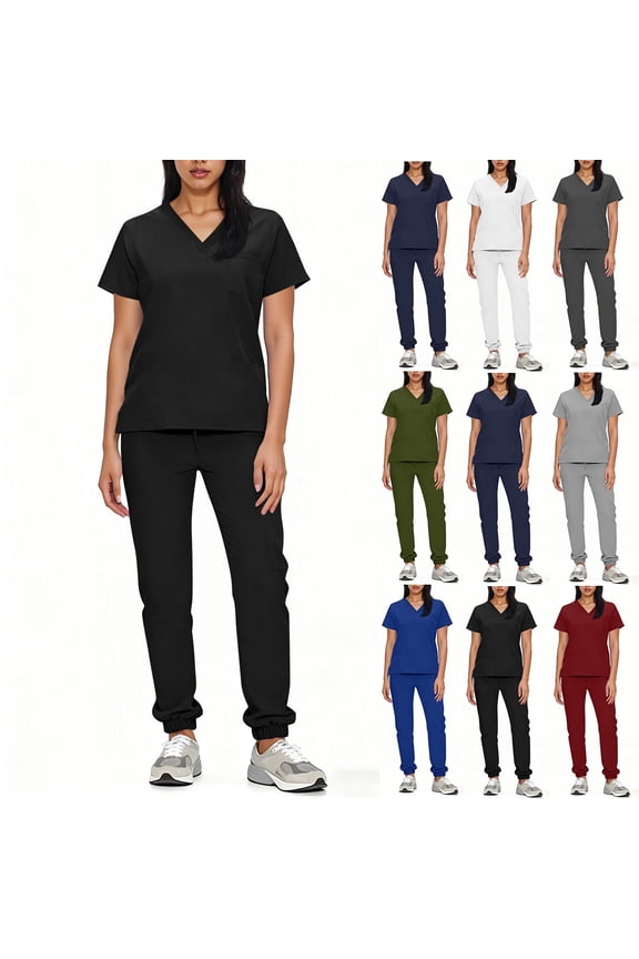 Caregiver Nursing Uniform Set with Pockets, Short Sleeve V-Neck Blouse And Loose Drawstring Pants, Solid Color Scrubs for Women, Healthcare Workwear, Medical Assistant Gifts
