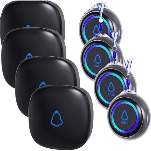 Caregiver Pager, Wireless Call Button for Seniors/Elderly at Home, 4 SOS Button + 4 Receiver Medical Life Alert System, Emergency Panic Call Bell, Help Alarm for Nurse Calling & Patient Assistance