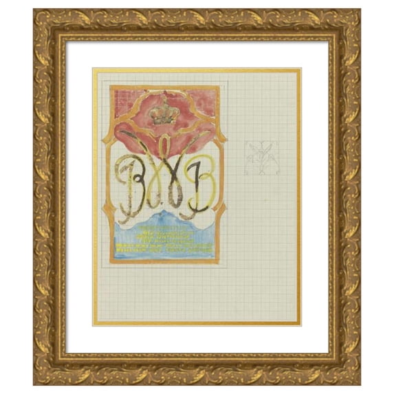 Carel Adolph Lion Cachet 12x14 Gold Ornate Wood Frame and Double Matted Museum Art Print Titled - Design with a Crowned W and on Either Side Jb (1874)