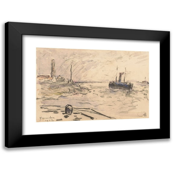 Carel Nicolaas Storm van 's-Gravesande 14x11 Black Modern Framed Museum Art Print Titled - View of the Coast of Ijmuiden with Lighthouse and Ship (1902)
