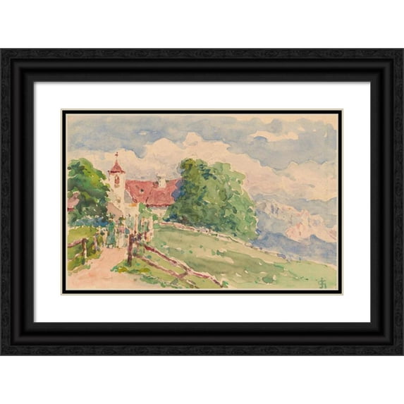 Carel Nicolaas Storm van 's-Gravesande 14x11 Black Ornate Wood Framed Double Matted Museum Art Print Titled: Oberbos, a Narrow Road Leads to a Church on a Mountain Slope (1911)