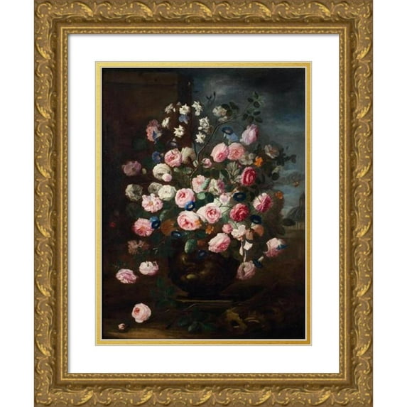 Carel de Vogelaer 14x18 Gold Ornate Wood Frame and Double Matted Museum Art Print Titled - Roses in an Urn