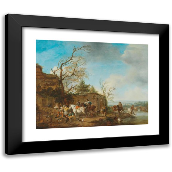 Carel van Falens 14x12 Black Modern Framed Museum Art Print Titled - A Riding Party Taking Refreshments in a River Landscape