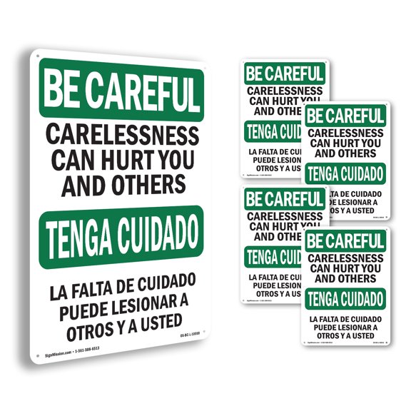 Carelessness Can Hurt Bilingual OSHA Be Careful Rigid Plastic Sign 14 Inch x 10 Inch - 5 Pack
