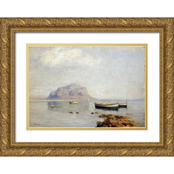 Carelli, Giuseppe 14x11 Gold Ornate Wood Framed with Double Matting Museum Art Print Titled - A Calm With Fishing Boats In The Bay of Naples