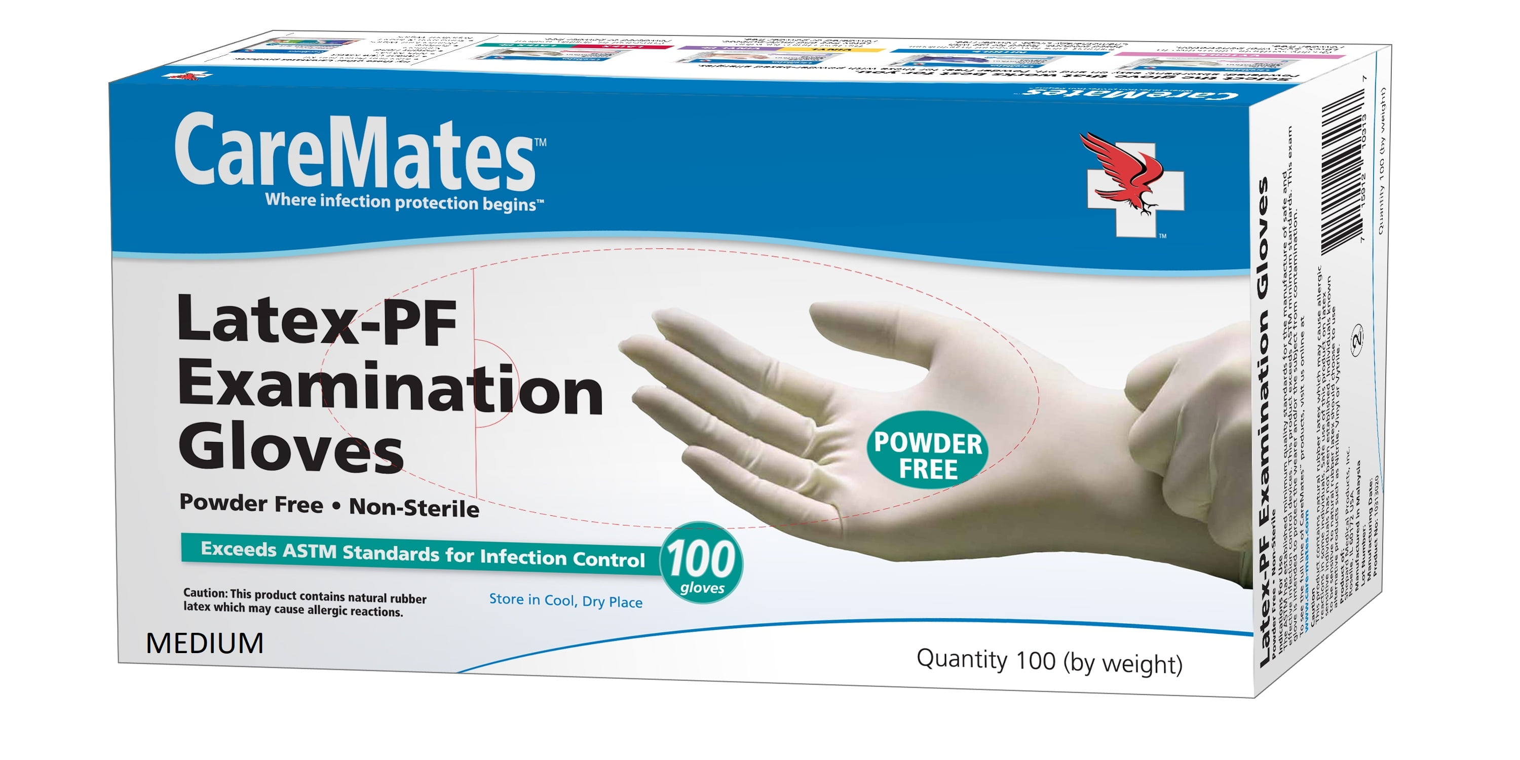 Caremates LatexPF Disposable Medical Grade Examination Gloves, Powder