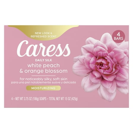 Caress Bar Soap for Women, Daily Silk White Peach & Orange Blossom for All Skin, 3.75 oz 4 Body Bath Bars