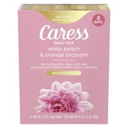 Caress Bar Soap for Women, Daily Silk White Peach & Orange Blossom for All Skin, 3.75 oz 8 Body Bath Bars
