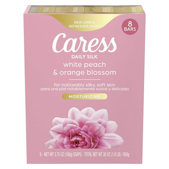 Caress Bar Soap for Women, Daily Silk White Peach & Orange Blossom for All Skin, 3.75 oz 8 Body Bath Bars