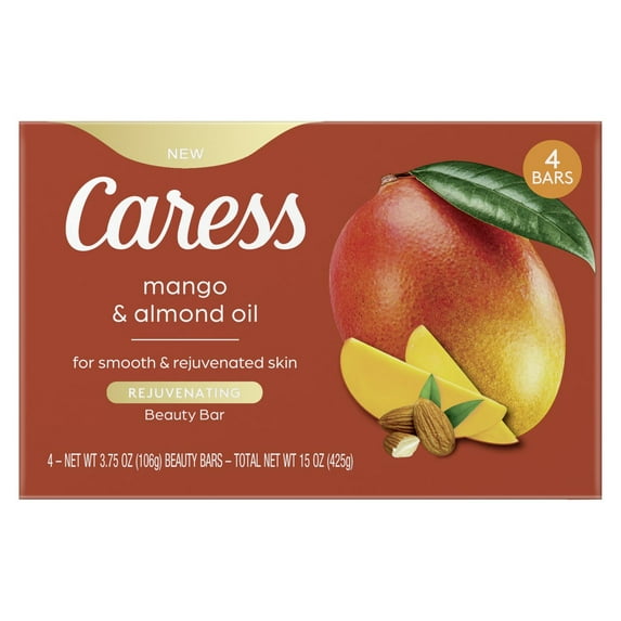 Caress Bar Soap for Women, Mango & Almond Oil for All Skin 3.75 oz 4 Body Bath Bars