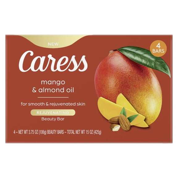 Caress Bar Soap for Women, Mango & Almond Oil for All Skin 3.75 oz 4 Body Bath Bars