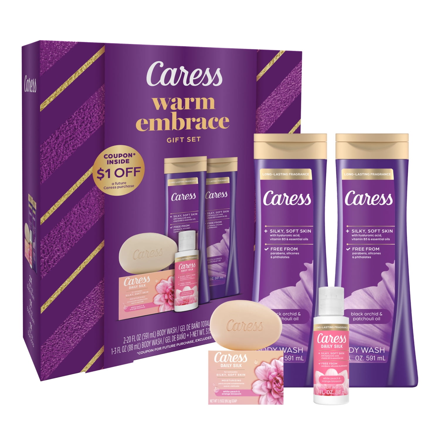 Caress Warm Embrace Bodywash and Bar Soap Skincare Gift Set, 4 Piece