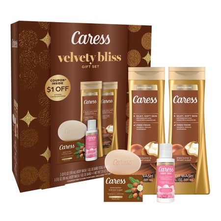 Caress Velvety Bliss Bodywash and Bar Soap Skincare Gift Set, 4 Piece