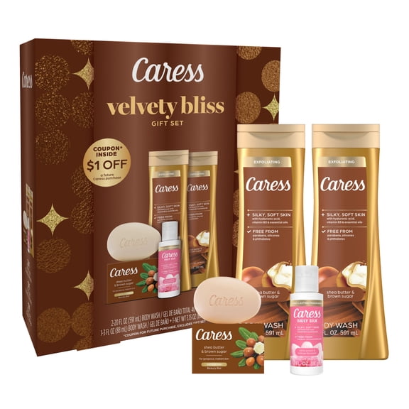 Caress Velvety Bliss Bodywash and Bar Soap Skincare Gift Set, 4 Piece