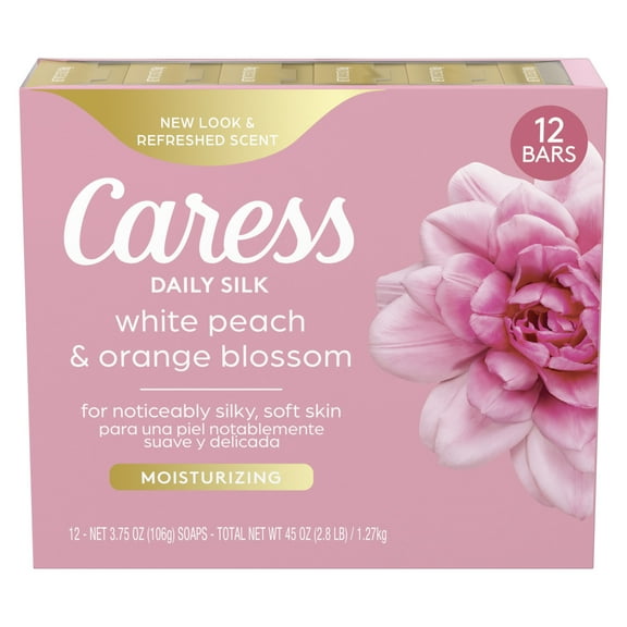 Caress Bar Soap for Women, Daily Silk White Peach & Orange Blossom for All Skin, 3.75 oz 12 Body Bath Bars