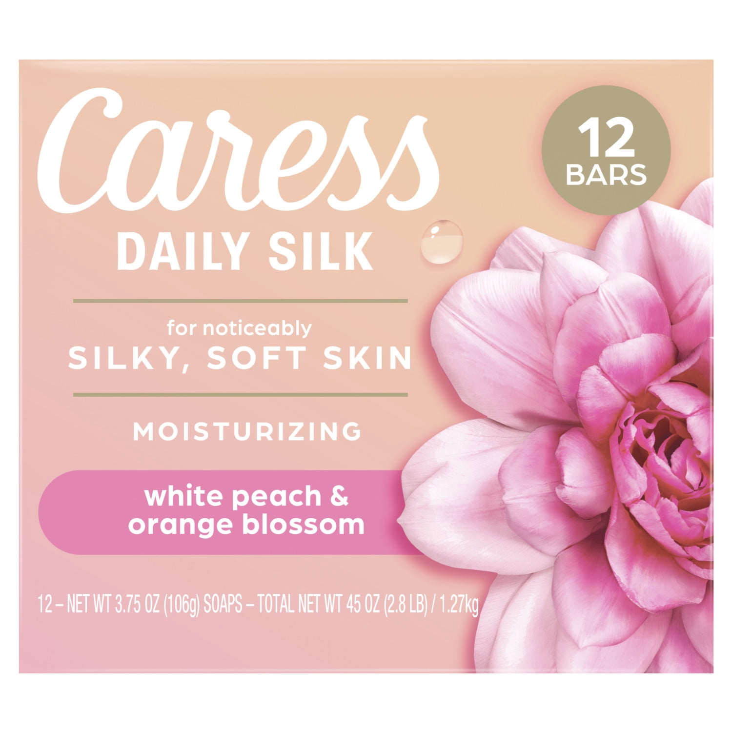 Caress Daily Silk Moisturizing Soap, White Peach & Orange Blossom, 3.75 oz 12 Bars
