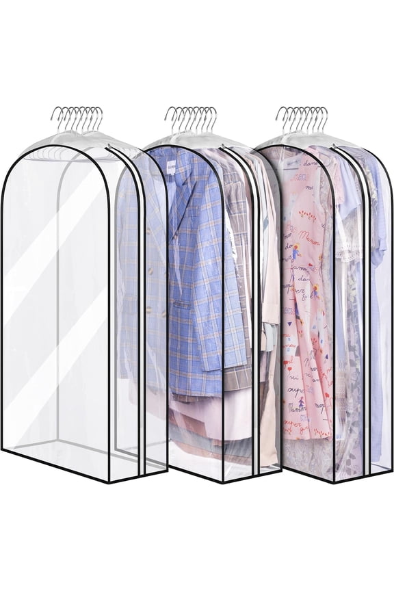 40" Travel Garment Bag with Accessories Zipper Pocket, Heavy Duty Suit Bag for Suits, Tuxedos, Dresses, Coats, Clear, 3 pack