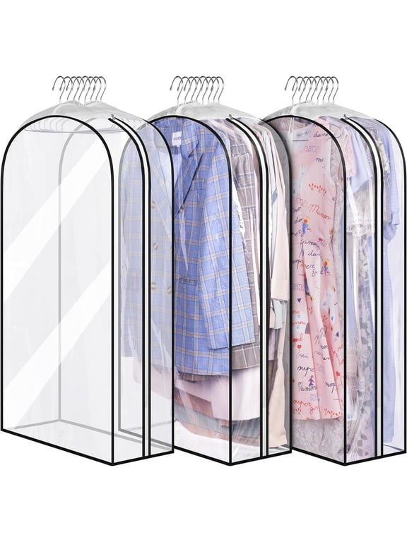 40" Travel Garment Bag with Accessories Zipper Pocket, Heavy Duty Suit Bag for Suits, Tuxedos, Dresses, Coats, Clear, 3 pack