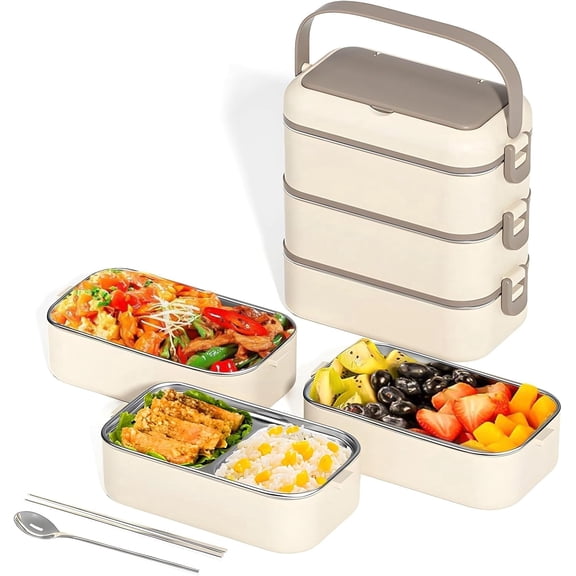 Carestrong Bento Box Adult Lunch Box, Containers for Adults Men Women with Three-story design, 130 Oz, Lunchable Food Container with contains a fork and a spoon. Microwave and Dishwasher Safe
