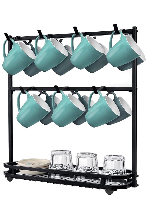 Large Coffee Mug Holder Stand Countertop, Tree Rack for 14 Mugs, 2 Tier Counter Display Storage, Metal Wire Tea Cup Holder for Coffee Station Kitchen Organizer, Not Included Mugs